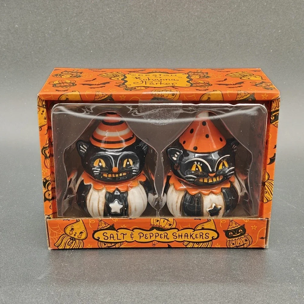 Johanna Parker Halloween Salt & Pepper Shakers Black Cat Clown Pumpkin Set NEW